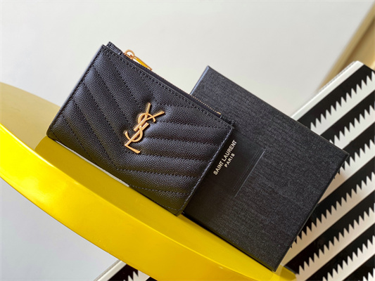Y.S.L CASSANDRA MATELASS?? ZIP WALLET IN GRAIN DE POUDRE EMBOSSED LEATHER Black Color Gold Tone Metal