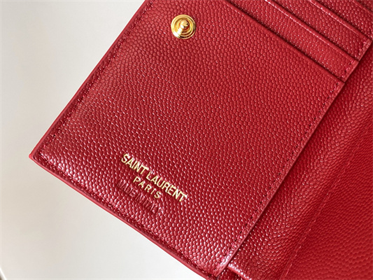 Y.S.L CASSANDRA MATELASS?? ZIP WALLET IN GRAIN DE POUDRE EMBOSSED LEATHER Red Color Gold Tone Metal