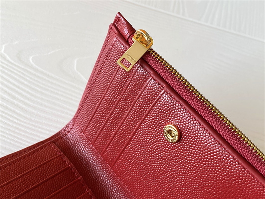 Y.S.L CASSANDRA MATELASS?? ZIP WALLET IN GRAIN DE POUDRE EMBOSSED LEATHER Red Color Gold Tone Metal