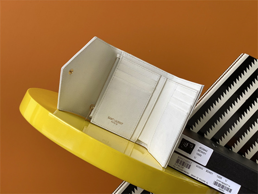 Y.S.L CASSANDRA MATELASS?? COMPACT TRI FOLD WALLET IN GRAIN DE POUDRE EMBOSSED LEATHER White Color Gold Tone Metal