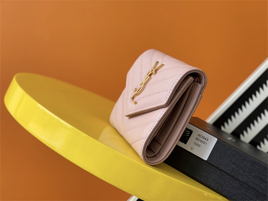 Y.S.L CASSANDRA MATELASS?? COMPACT TRI FOLD WALLET IN GRAIN DE POUDRE EMBOSSED LEATHER Pink Color Gold Tone Metal