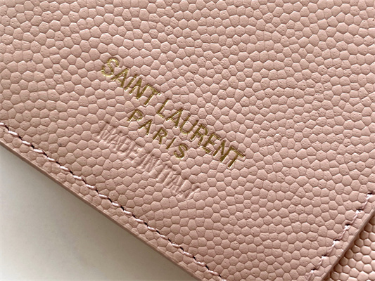 Y.S.L CASSANDRA MATELASS?? COMPACT TRI FOLD WALLET IN GRAIN DE POUDRE EMBOSSED LEATHER Pink Color Gold Tone Metal