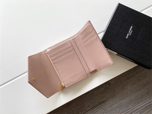 Y.S.L CASSANDRA MATELASS?? COMPACT TRI FOLD WALLET IN GRAIN DE POUDRE EMBOSSED LEATHER Pink Color Gold Tone Metal
