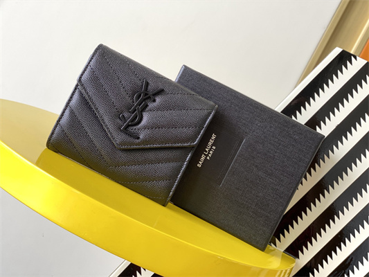 Y.S.L CASSANDRA MATELASS?? COMPACT TRI FOLD WALLET IN GRAIN DE POUDRE EMBOSSED LEATHER Black Color Black Tone Metal