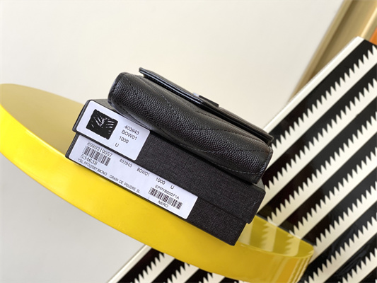 Y.S.L CASSANDRA MATELASS?? COMPACT TRI FOLD WALLET IN GRAIN DE POUDRE EMBOSSED LEATHER Black Color Black Tone Metal