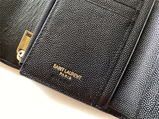 Y.S.L CASSANDRA MATELASS?? COMPACT TRI FOLD WALLET IN GRAIN DE POUDRE EMBOSSED LEATHER Black Color Gold Tone Metal