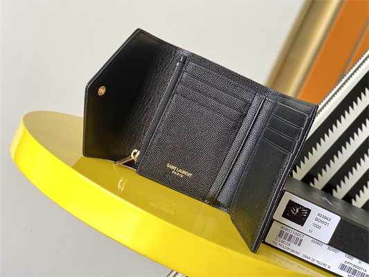 Y.S.L CASSANDRA MATELASS?? COMPACT TRI FOLD WALLET IN GRAIN DE POUDRE EMBOSSED LEATHER Black Color Gold Tone Metal