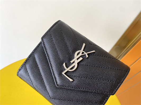 Y.S.L CASSANDRA MATELASS?? COMPACT TRI FOLD WALLET IN GRAIN DE POUDRE EMBOSSED LEATHER Black Color Silver Tone Metal
