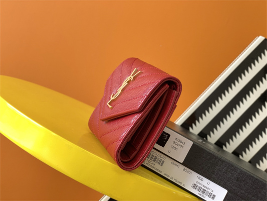 Y.S.L CASSANDRA MATELASS?? COMPACT TRI FOLD WALLET IN GRAIN DE POUDRE EMBOSSED LEATHER Red Color Gold Tone Metal