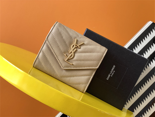 Y.S.L CASSANDRA MATELASS?? COMPACT TRI FOLD WALLET IN GRAIN DE POUDRE EMBOSSED LEATHER Beige Color Gold Tone Metal