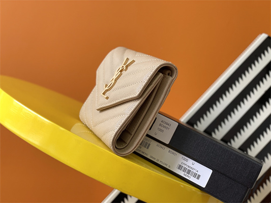 Y.S.L CASSANDRA MATELASS?? COMPACT TRI FOLD WALLET IN GRAIN DE POUDRE EMBOSSED LEATHER Beige Color Gold Tone Metal