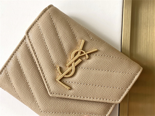 Y.S.L CASSANDRA MATELASS?? COMPACT TRI FOLD WALLET IN GRAIN DE POUDRE EMBOSSED LEATHER Beige Color Gold Tone Metal