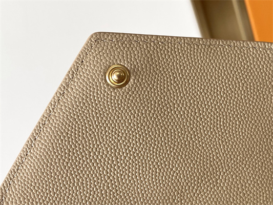 Y.S.L CASSANDRA MATELASS?? COMPACT TRI FOLD WALLET IN GRAIN DE POUDRE EMBOSSED LEATHER Beige Color Gold Tone Metal