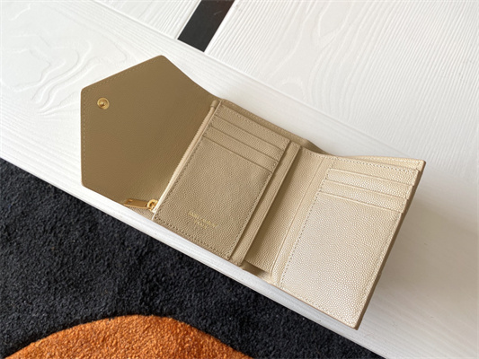 Y.S.L CASSANDRA MATELASS?? COMPACT TRI FOLD WALLET IN GRAIN DE POUDRE EMBOSSED LEATHER Beige Color Gold Tone Metal