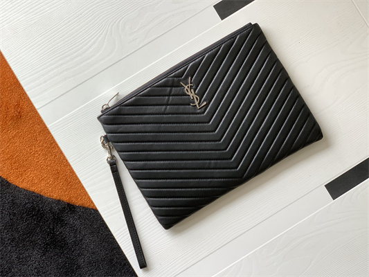 Y.S.L CASSANDRA MATELASS?? TABLET POUCH IN QUILTED LEATHER Black Color Silver Tone Metal