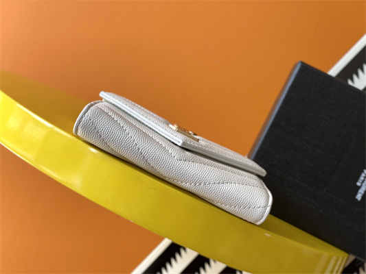 Y.S.L CASSANDRA MATELASS?? SMALLENVELOPE WALLET IN GRAIN DE POUDRE EMBOSSED LEATHER White Color Gold Tone Metal