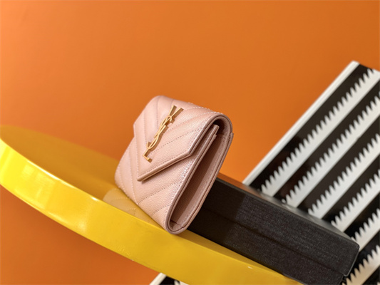 Y.S.L CASSANDRA MATELASS?? SMALL ENVELOPE WALLET IN GRAIN DE POUDRE EMBOSSED LEATHER Pink Color Gold Tone Metal