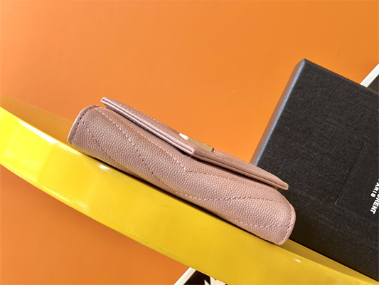 Y.S.L CASSANDRA MATELASS?? SMALL ENVELOPE WALLET IN GRAIN DE POUDRE EMBOSSED LEATHER Pink Color Gold Tone Metal