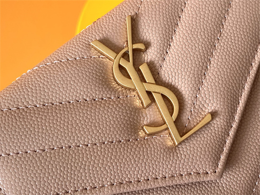 Y.S.L CASSANDRA MATELASS?? SMALL ENVELOPE WALLET IN GRAIN DE POUDRE EMBOSSED LEATHER Pink Color Gold Tone Metal