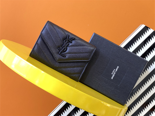 Y.S.L CASSANDRA MATELASS?? SMALL ENVELOPE WALLET IN GRAIN DE POUDRE EMBOSSED LEATHER Black Color Black Tone Metal