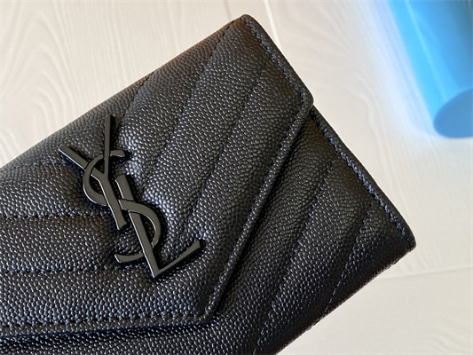Y.S.L CASSANDRA MATELASS?? SMALL ENVELOPE WALLET IN GRAIN DE POUDRE EMBOSSED LEATHER Black Color Black Tone Metal
