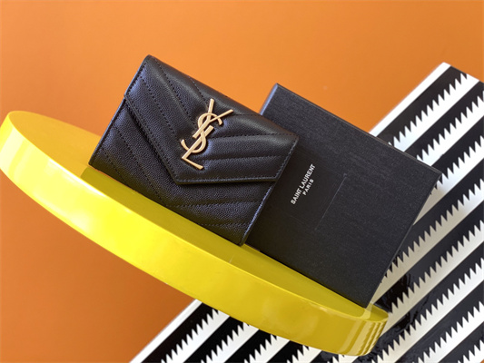 Y.S.L CASSANDRA MATELASS?? SMALL ENVELOPE WALLET IN GRAIN DE POUDRE EMBOSSED LEATHER Black Color Gold Tone Metal