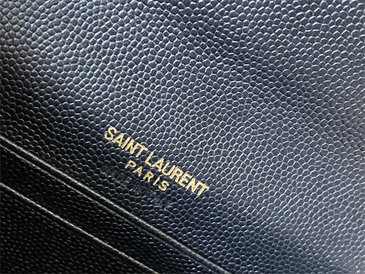 Y.S.L CASSANDRA MATELASS?? SMALL ENVELOPE WALLET IN GRAIN DE POUDRE EMBOSSED LEATHER Black Color Gold Tone Metal