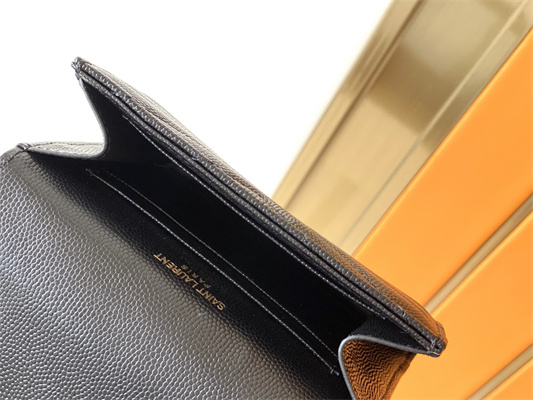 Y.S.L CASSANDRA MATELASS?? SMALL ENVELOPE WALLET IN GRAIN DE POUDRE EMBOSSED LEATHER Black Color Gold Tone Metal