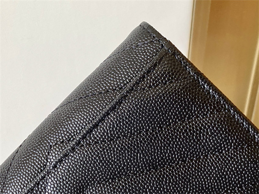 Y.S.L CASSANDRA MATELASS?? SMALL ENVELOPE WALLET IN GRAIN DE POUDRE EMBOSSED LEATHER Black Color Silver Tone Metal