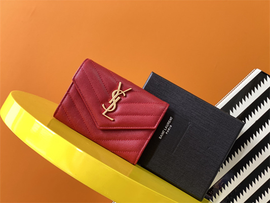 Y.S.L CASSANDRA MATELASS?? SMALL ENVELOPE WALLET IN GRAIN DE POUDRE EMBOSSED LEATHER Red Color Gold Tone Metal