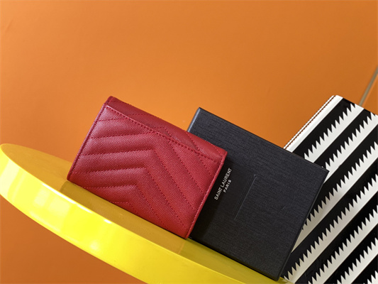 Y.S.L CASSANDRA MATELASS?? SMALL ENVELOPE WALLET IN GRAIN DE POUDRE EMBOSSED LEATHER Red Color Gold Tone Metal