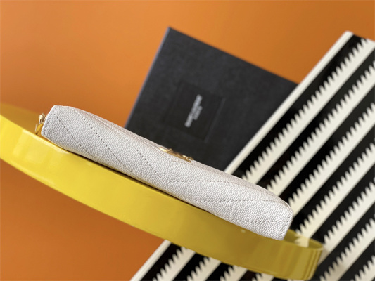 Y.S.L CASSANDRA MATELASS?? ZIP AROUND WALLET IN GRAIN DE POUDRE EMBOSSED LEATHER White Color Gold Tone Metal