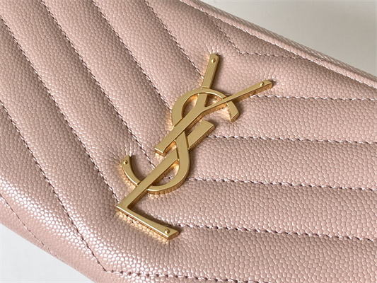 Y.S.L CASSANDRA MATELASS?? ZIP AROUND WALLET IN GRAIN DE POUDRE EMBOSSED LEATHER Pink Color Gold Tone Metal