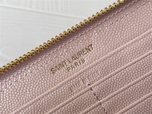 Y.S.L CASSANDRA MATELASS?? ZIP AROUND WALLET IN GRAIN DE POUDRE EMBOSSED LEATHER Pink Color Gold Tone Metal