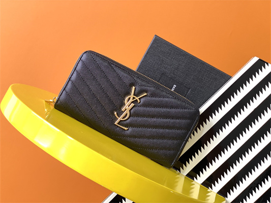 Y.S.L CASSANDRA MATELASS?? ZIP AROUND WALLET IN GRAIN DE POUDRE EMBOSSED LEATHER Black Color Gold Tone Metal