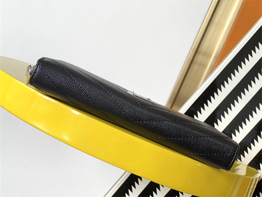 Y.S.L CASSANDRA MATELASS?? ZIP AROUND WALLET IN GRAIN DE POUDRE EMBOSSED LEATHER Black Color Silver Tone Metal