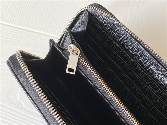 Y.S.L CASSANDRA MATELASS?? ZIP AROUND WALLET IN GRAIN DE POUDRE EMBOSSED LEATHER Black Color Silver Tone Metal