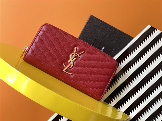 Y.S.L CASSANDRA MATELASS?? ZIP AROUND WALLET IN GRAIN DE POUDRE EMBOSSED LEATHER Red Color Gold Tone Metal