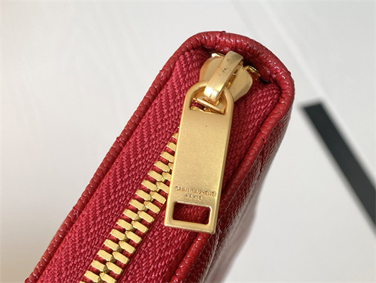 Y.S.L CASSANDRA MATELASS?? ZIP AROUND WALLET IN GRAIN DE POUDRE EMBOSSED LEATHER Red Color Gold Tone Metal