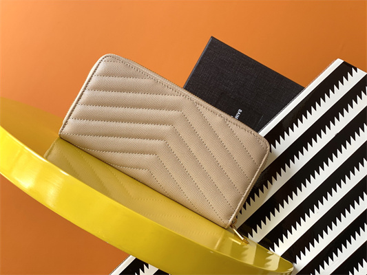 Y.S.L CASSANDRA MATELASS?? ZIP AROUND WALLET IN GRAIN DE POUDRE EMBOSSED LEATHER Beige Color Gold Tone Metal
