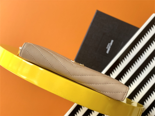 Y.S.L CASSANDRA MATELASS?? ZIP AROUND WALLET IN GRAIN DE POUDRE EMBOSSED LEATHER Beige Color Gold Tone Metal