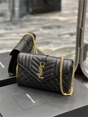 Y.S.L CASSANDRA CHAIN WALLET IN QUILTED LEATHER Black Color Gold Tone Metal