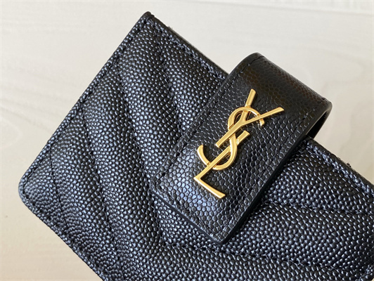 Y.S.L MONOGRAM BUSINESS CARD CASE IN GRAIN DE POUDRE EMBOSSED LEATHER Black Color Gold Tone Metal