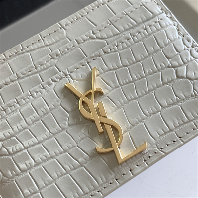Y.S.L MONOGRAM MATELASS?? CARD CASE IN CROCODILE EMBOSSED LEATHER White Color Gold Tone Metal