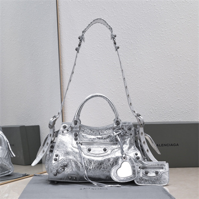 Women’s NEO Cagole City Small Handbag In Metallized Arena Lambskin Silver Color