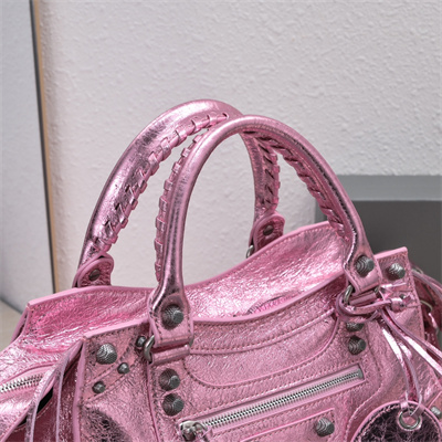 Women’s NEO Cagole City Small Handbag In Metallized Arena Lambskin Pink Color