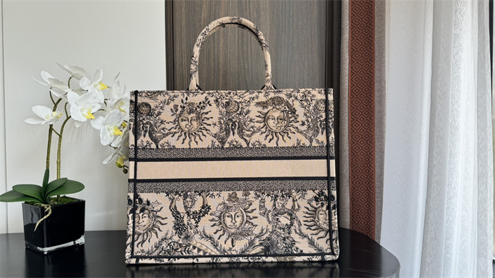 CD Large Book Tote Beige and Black Toile de Jouy Solei Embroidery
