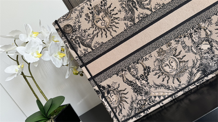 CD Large Book Tote Beige and Black Toile de Jouy Solei Embroidery