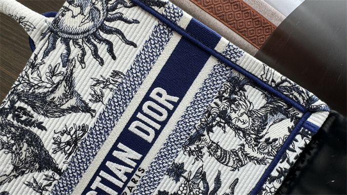 CD Small Book Tote White and Navy Toile de Jouy Solei Embroidery