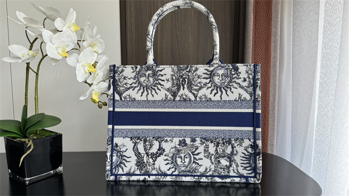 CD Medium Book Tote White and Navy Toile de Jouy Solei Embroidery